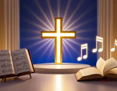 Cruz iluminada ao centro, cercada por livros abertos com partituras e notas musicais flutuando, representando música católica em um ambiente sereno.